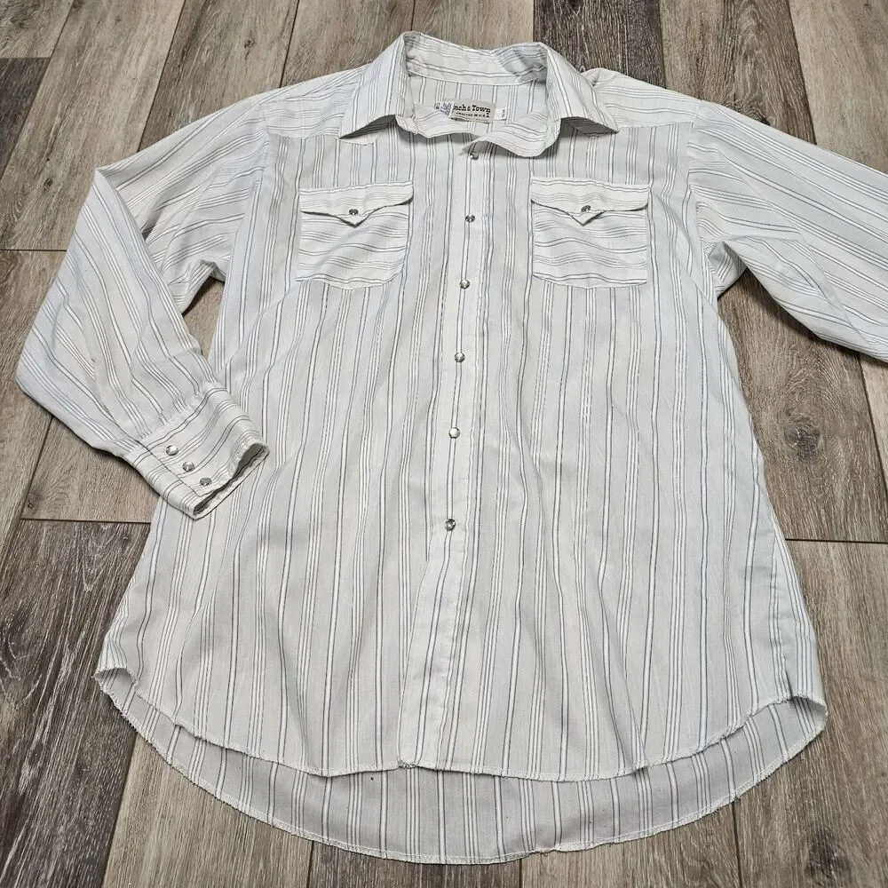 Ranch And Town Vintage USA Striped White Pearl Snap Western Shirt Men's Large